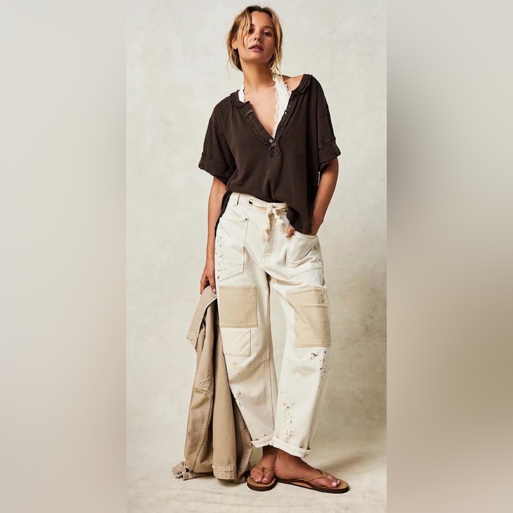 We The Free Moxie Low Slung Pull On Barrel Jeans Patchwork Button Fly Size 32